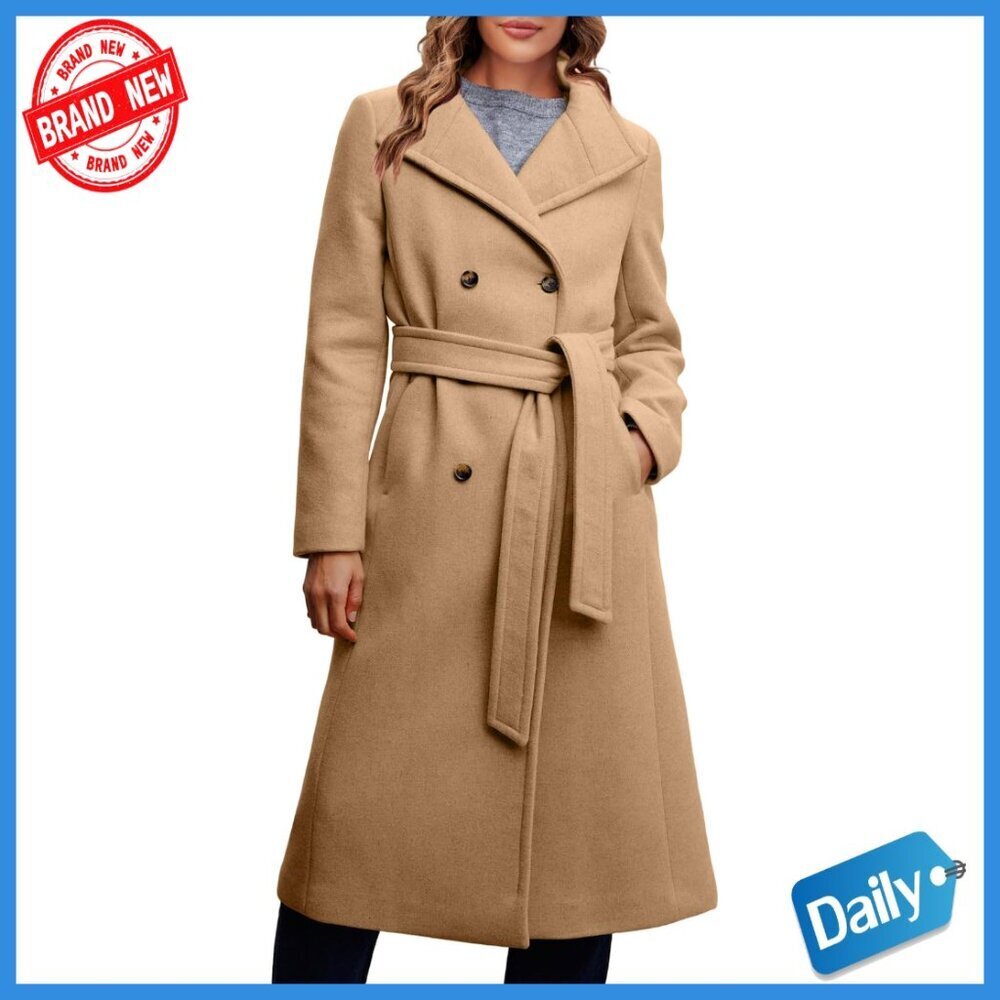 Long Double Breasted Wool Blend Pea Coat with Belt for Work Office Winter